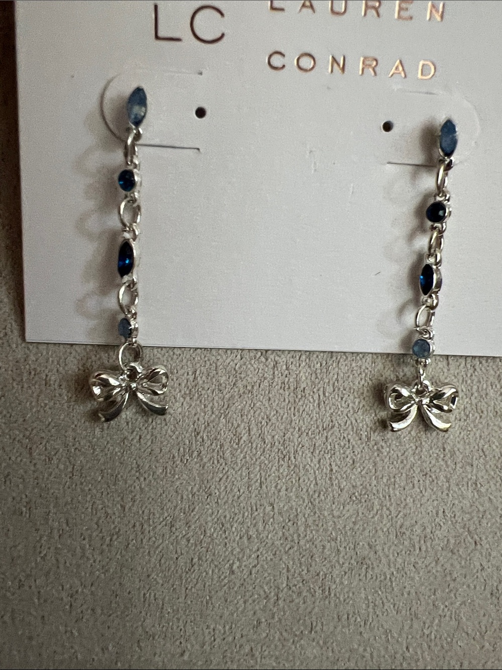 NWT LC Lauren Conrad Silver Bow Drop Earrings with Blue Stones